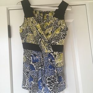 Bcbg print blue, yellow, black silk top - xxs